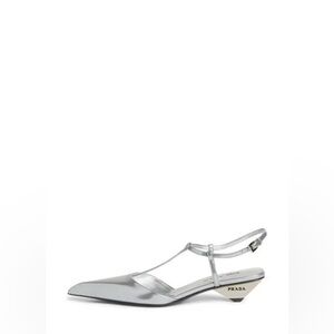 Prada Metallic Grey leather Modellerie Pointed Toe Kitten Heel Pump EU 39.5